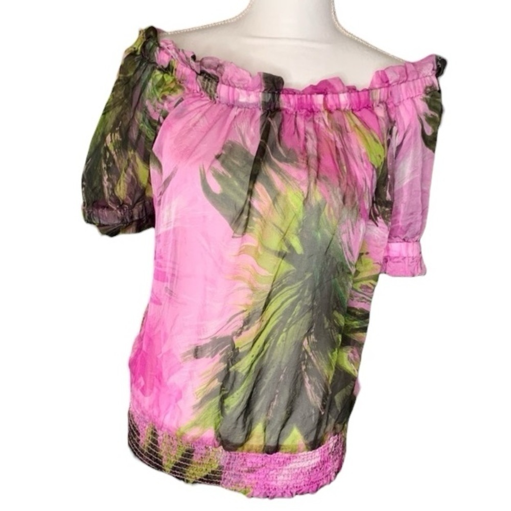 Karen Lane 100% Silk Women’s Small Off Shoulder Sheer Dusty Pink Floral Shirt